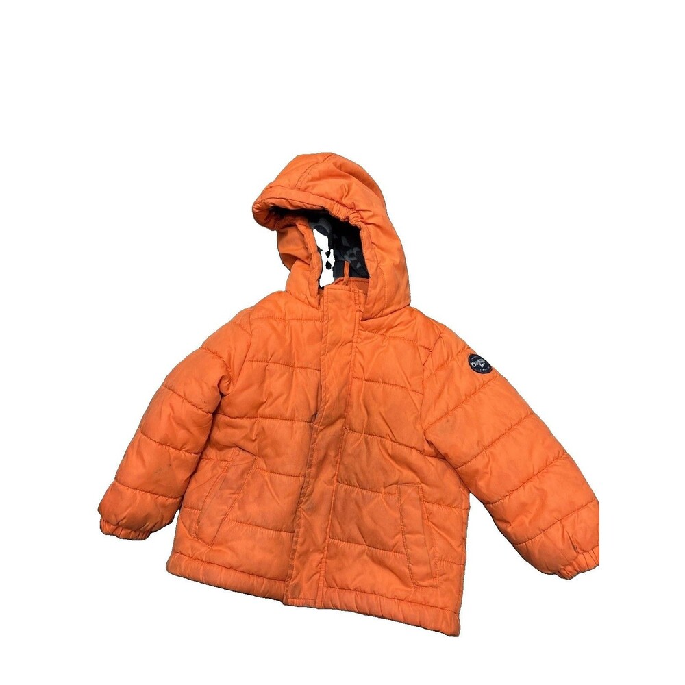 OshKosh B'gosh Orange Gray Hooded Puffer Jacket Fleece Lined Pocket 3T Zip Snap